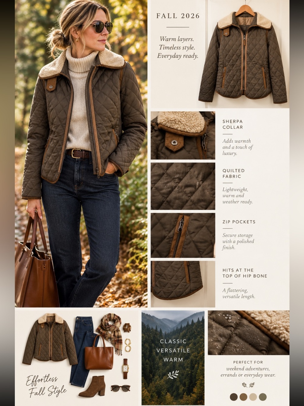 Quilted Barn Coat with Cream Shearling Collar